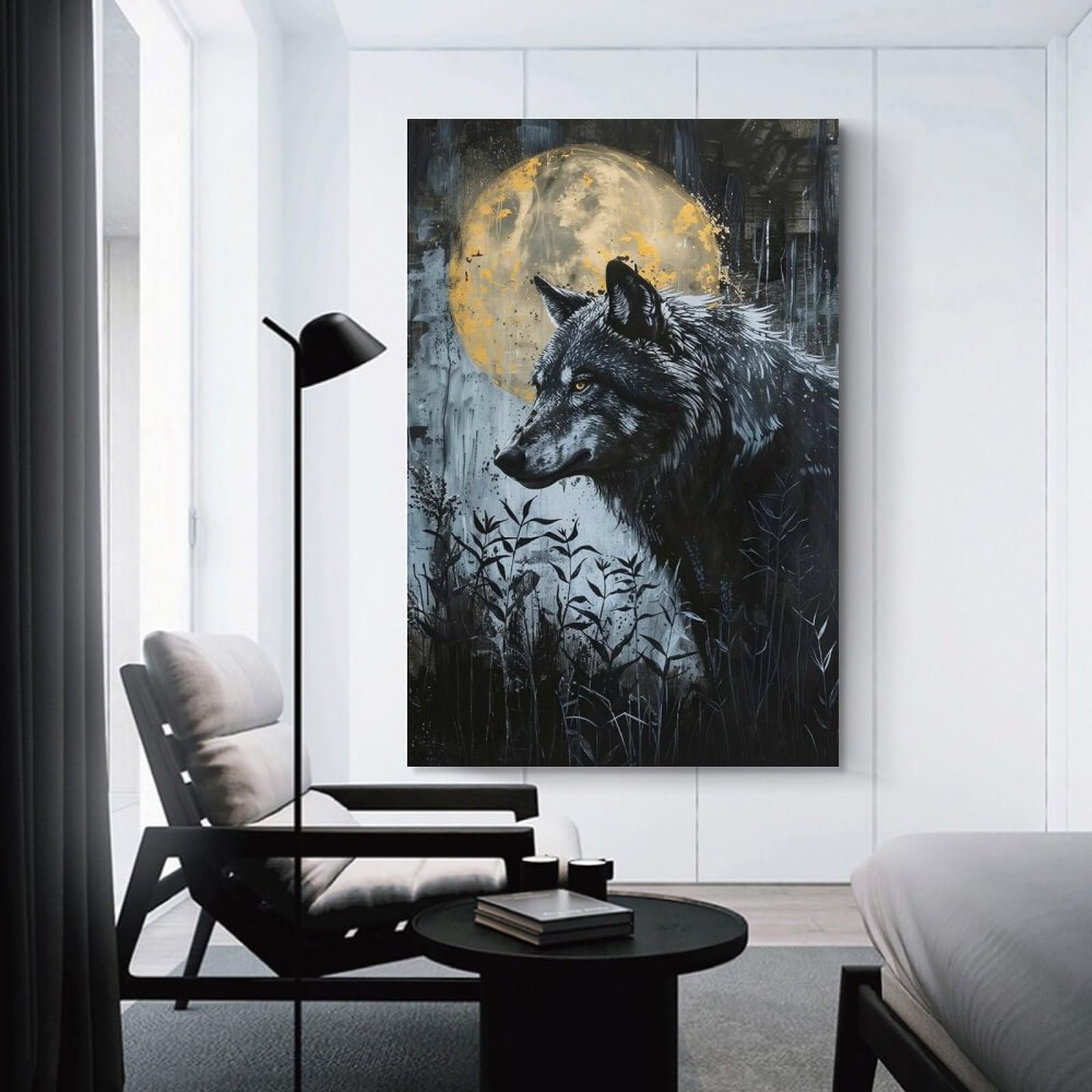 Junmoney Wolf And Moon Painting Canvas Wall Decor, 16x24inch(40x60cm), for Gallery Wall Decor And Room Displays, Wall Decor Suited to Curated Displays