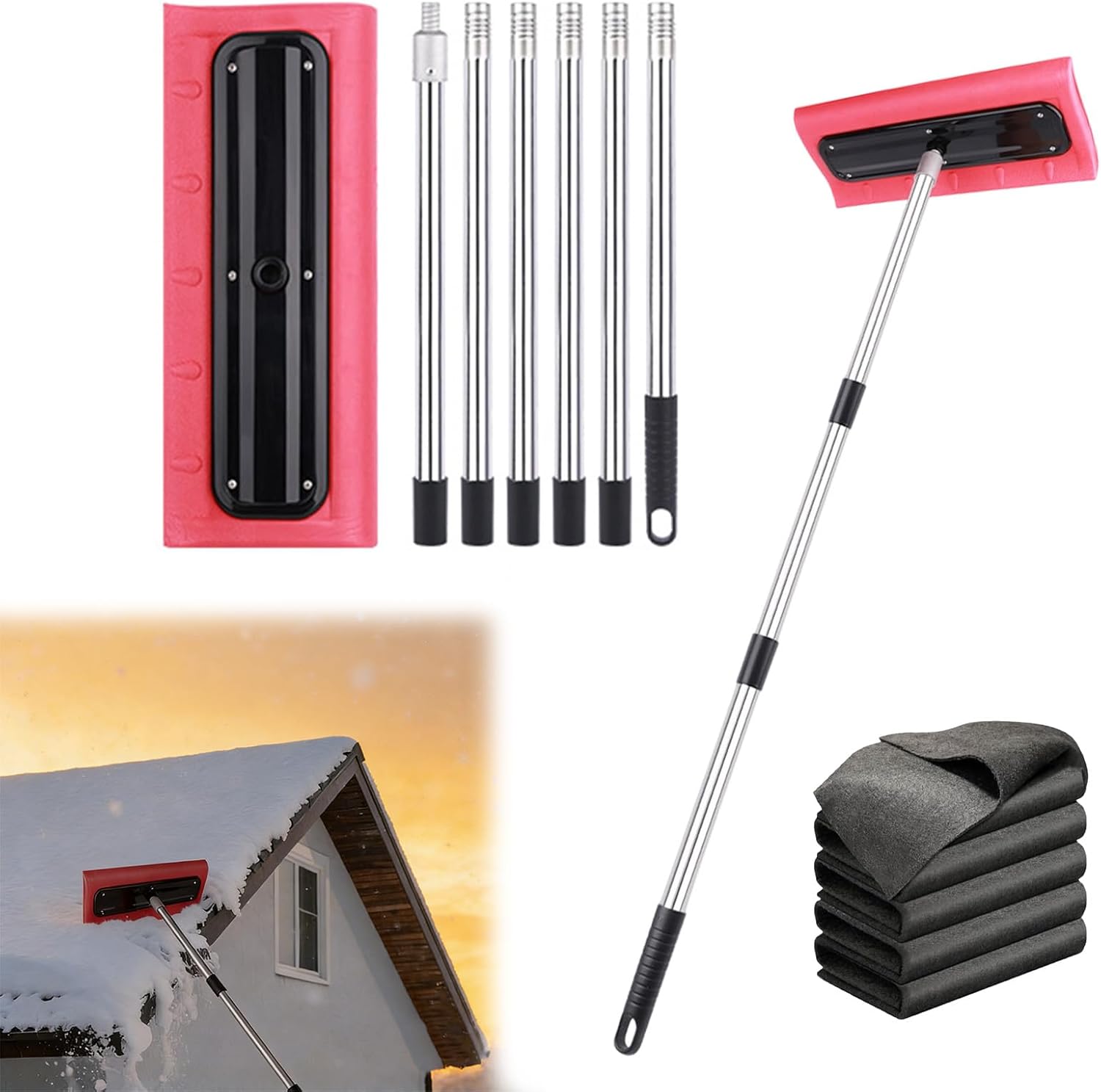 Adjustable Telescoping Snow Roof Rake, 78-157 inch Reach, Lightweight Aluminum, Anti-Slip Handle, Snow Rake for Roof Snow Removal and Ice Dam Prevention (94.5in)