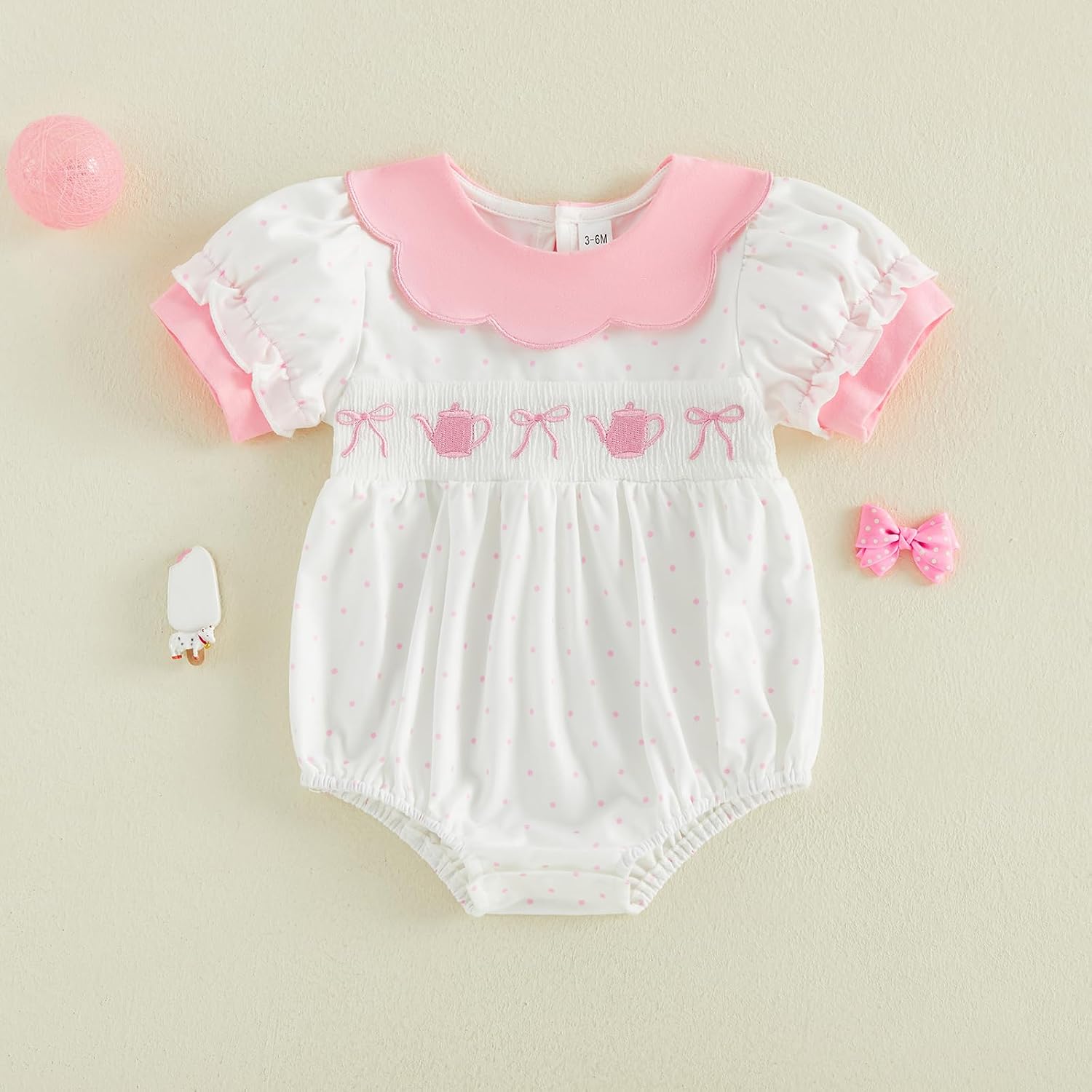 Newborn Baby Girl Clothes Bow Teapot Puff Short Sleeve Smocked Romper Bodysuit Summer Outfits
