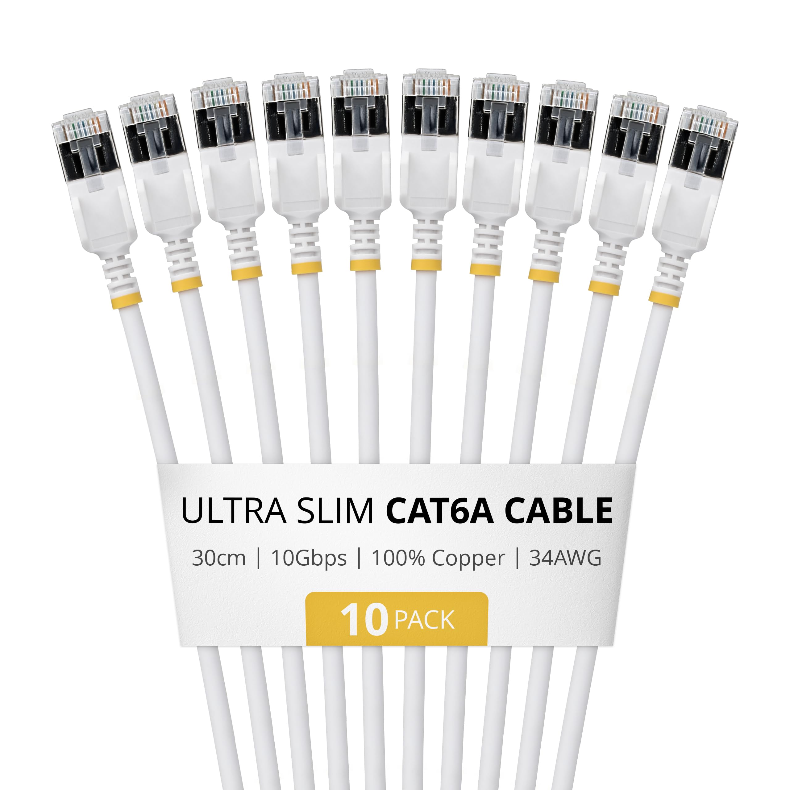StarTech Cavo Ethernet Cat6A Ultra Slim Bianco 30cm, Snagless, FTP, Rame Puro, Patch di Rete RJ45 Ultra Sottile 34 AWG, Testati Singolarmente, Confezione da 10