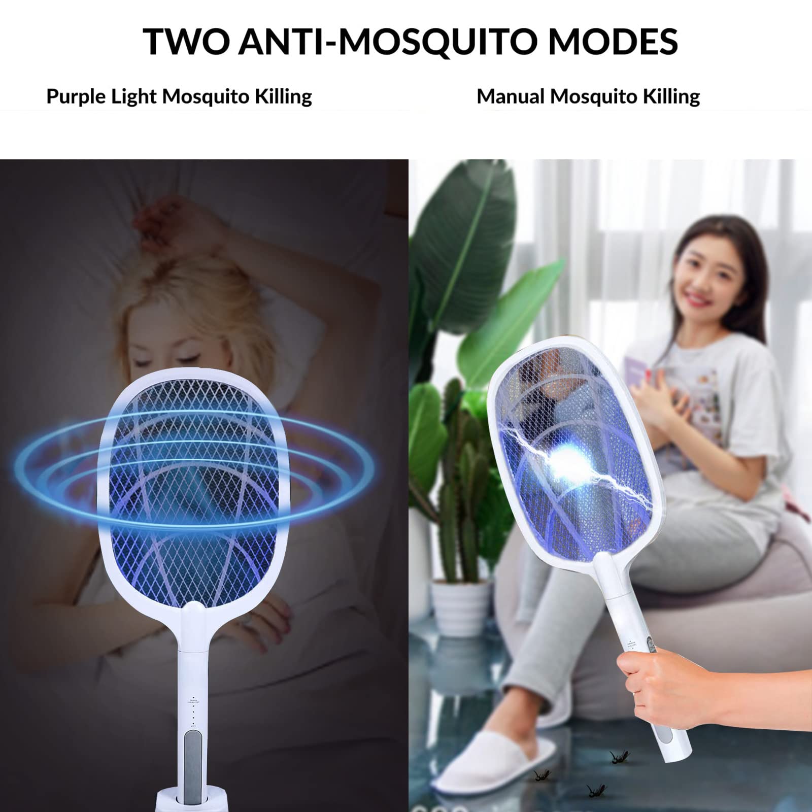 Racchetta Mosche Elettrica 2 in 1, Racchetta Elettrica con Potente Lampada Trappola per Zanzare per uso Interno ed Esterno