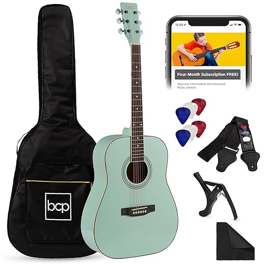 Best Choice Products 41in Full Size Beginner All Wood Acoustic Guitar Starter Set w/Gig Bag, Strap, Capo, Strings, Picks - SoCal Green