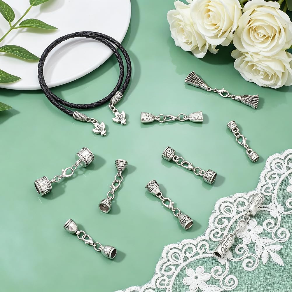 PH PandaHall 20PCS 10 Styles Cord End with Lobster Claw Clasps Connector Metal Glue-in Endcaps Tibetan Leather Necklace End Tip Antique Silver Cord Terminators for DIY Jewelry Making Bracelet Necklace
