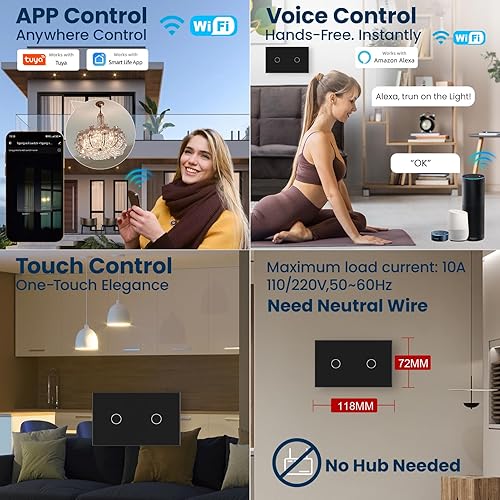 Miniatura 3 de Interruptor de luz inteligente de 4.646 x 2.835 x 1.339 in, necesita cable neutro, WiFi de 2.4 GHz, interruptor inteligente certificado por la FCC
