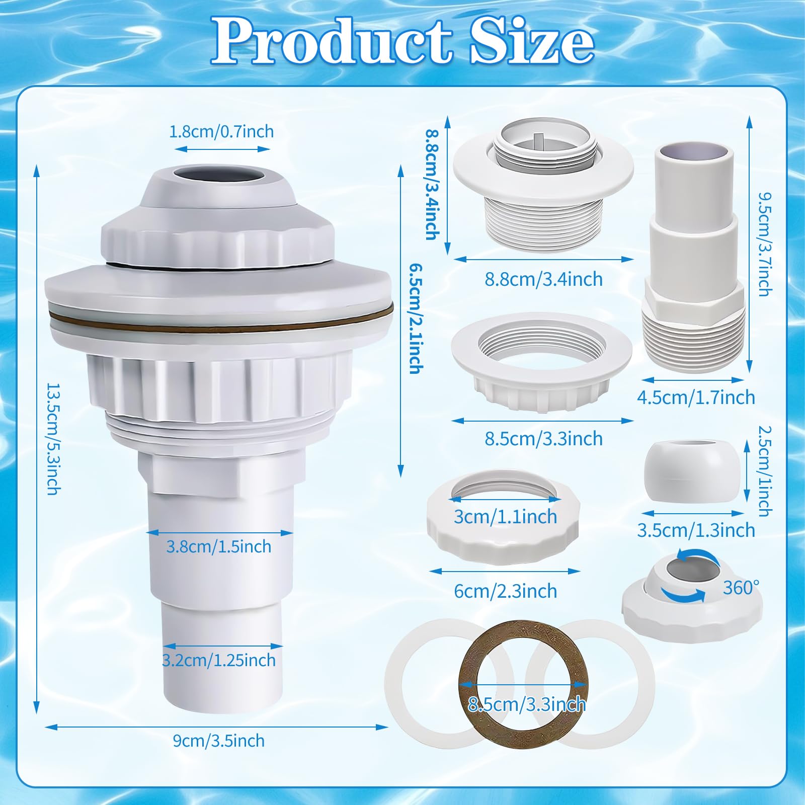 Buse d'entrée pour Piscine Réglable, Buse de Refoulement avec Tête Pivotante 32 mm 38 mm