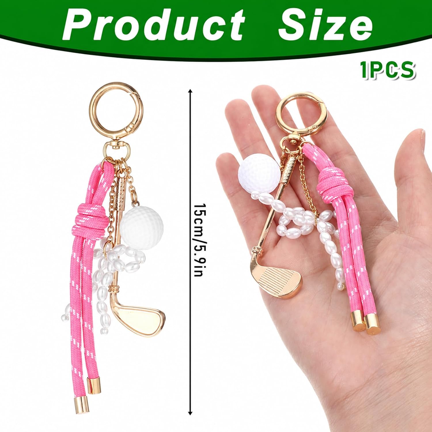 Golf Club Keychain with Pearl Bow, Golf Bag Charms Nylon Rope Keychain image 2