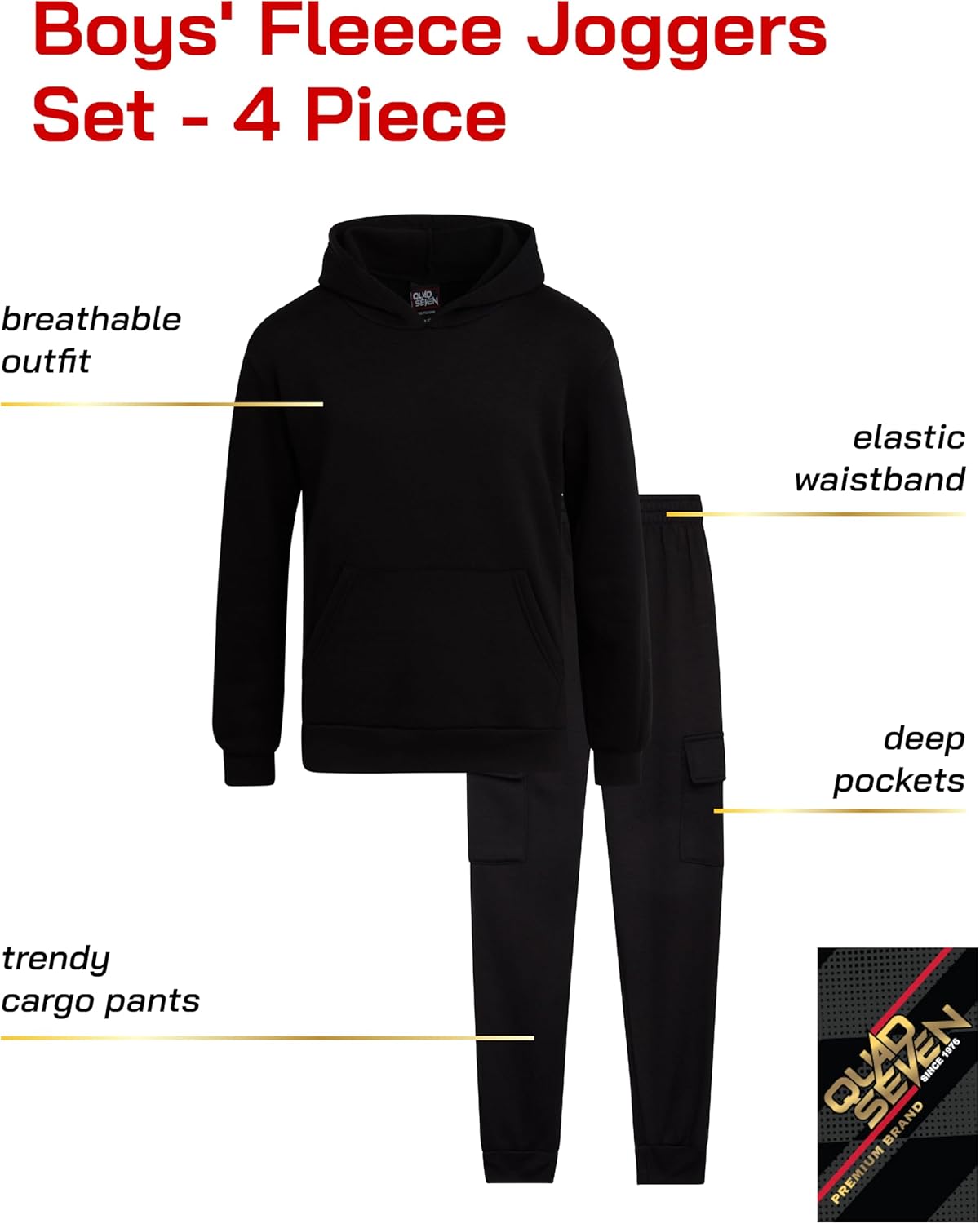 Quad Seven Boys Sweat Suit Set - 4 Piece Soft Fleece Pullover Hoodies and Athletic Cargo Jogger Sweatpants for Boys (5-18) - Image 2