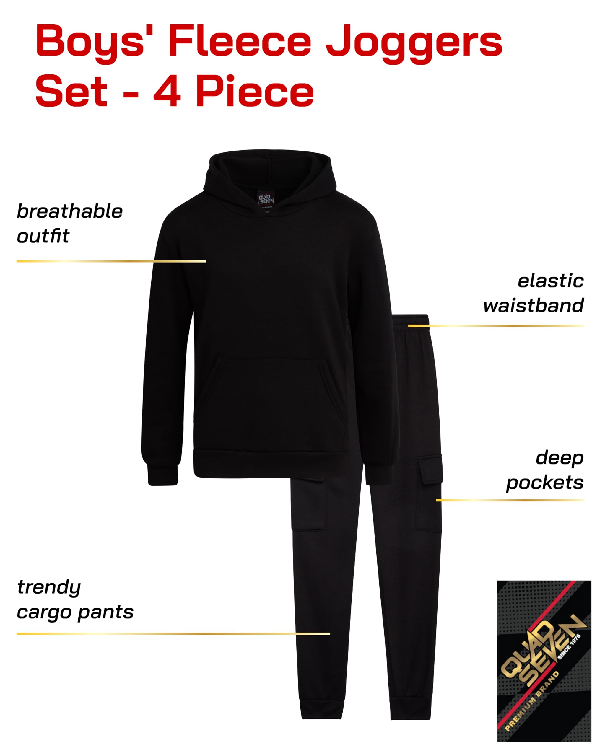 Quad Seven Conjunto de sudadera para niños, 4 piezas de forro polar suave con capucha y pantalones deportivos tipo cargo para niños (5-18)