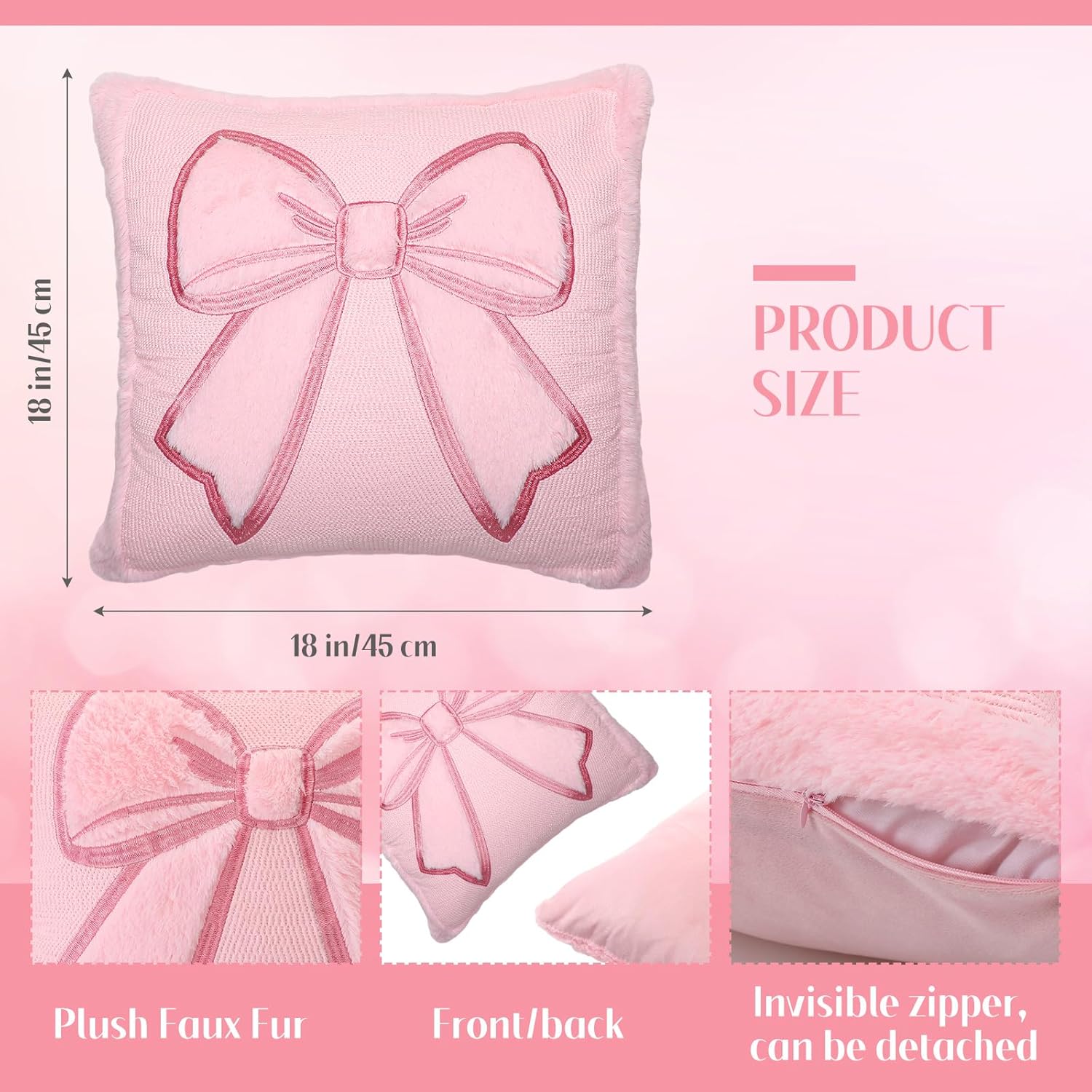 Pink Bow Pillow Covers 18x18 Set of 2 Embroidered Coquette Preppy Room Decor Decorative Cute Faux Fur Soft Bowknot Aesthetic Pillow Cover Valentine's Pillowcase for Bed Couch Dormitories Decor - Image 2