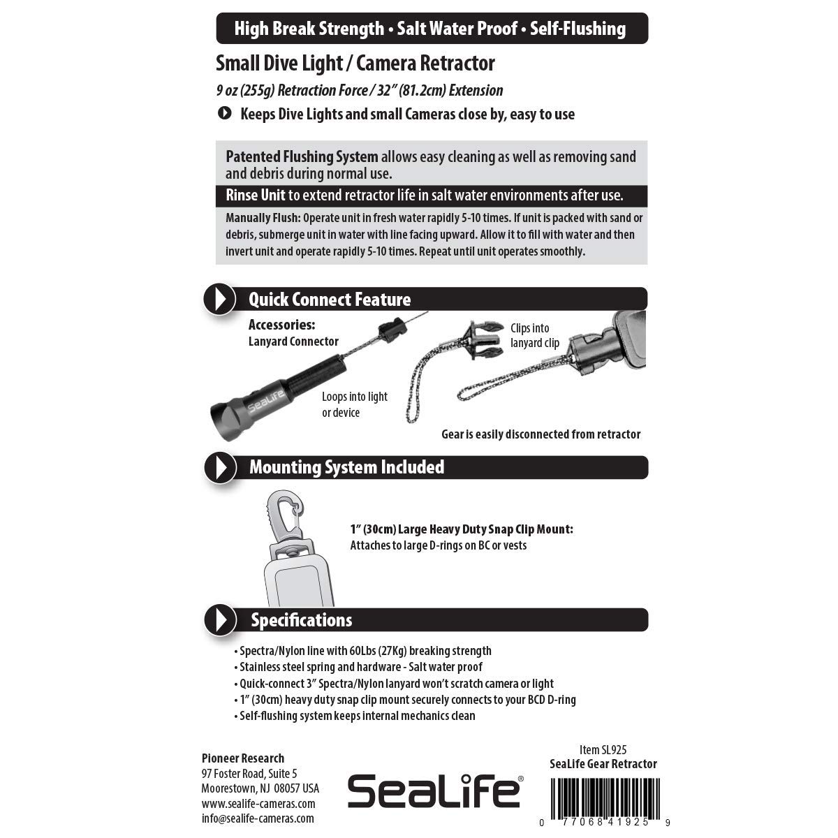 SeaLife Compact Underwater Retractor 255.1 g Rückzugskraft 81,3 cm maximale Länge Hält Mini-Lichter, Micro Series und RM-4K Kameras