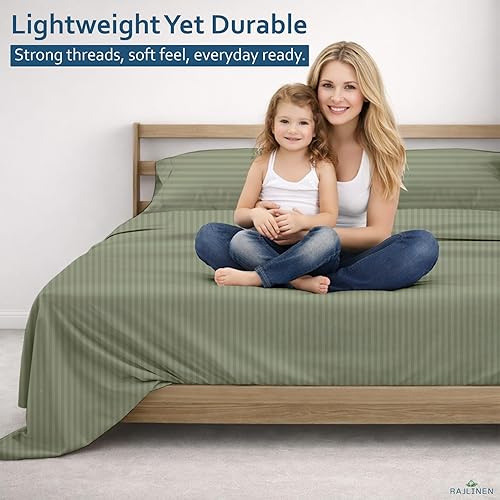 Miniatura 3 de Rajlinen Juego de sábanas de algodón egipcio de 4 piezas, 600 hilos, bolsillo profundo de 16 pulgadas, tamaño King, rayas salvia