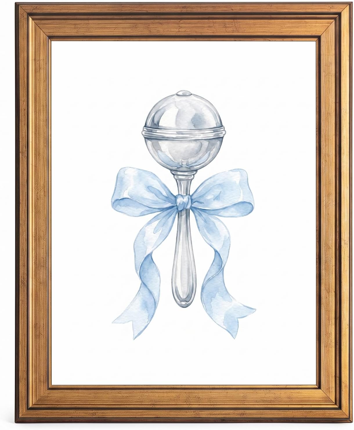 Framed Canvas Wall Art Watercolor Silver Baby Rattle Blue Ribbon Painting Canvas Print Poster Gold Frame Wall Decor for Nursery Room New Baby Gift, Nursery Decor - Inch 24x36
