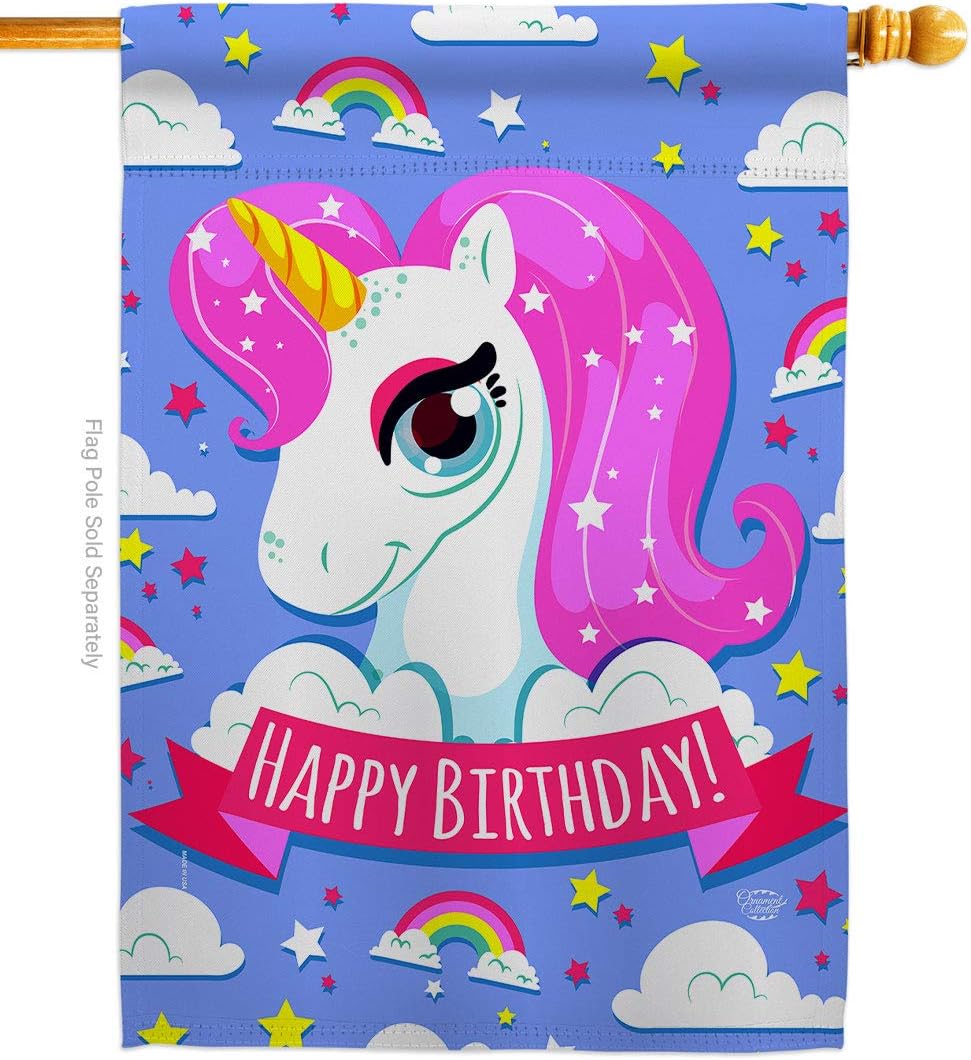 Magical Unicorn Birthday House Flag Celebration Cake Gift Present Candy Bouquet Occasion Anniversary Party Small Decorative Yard Banner Double-Sided Made In USA 28 X 40