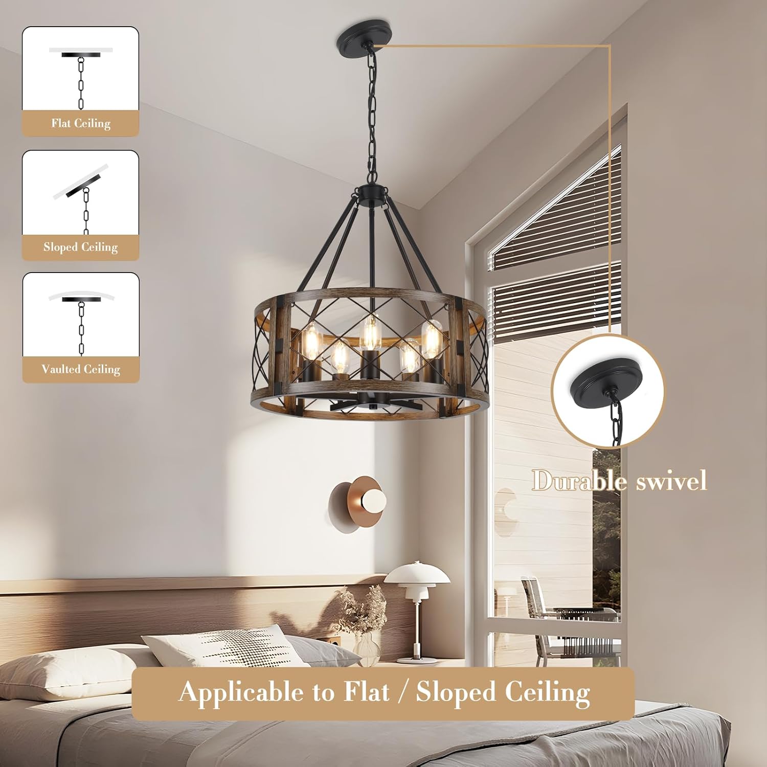 5-Light Farmhouse Chandelier 19.8" Black and Brown Rustic Chandelier for Dining Room Wood Texture Adjustable Pendant Light Fixture for Kitchen Island Entryway Bedroom Hallway