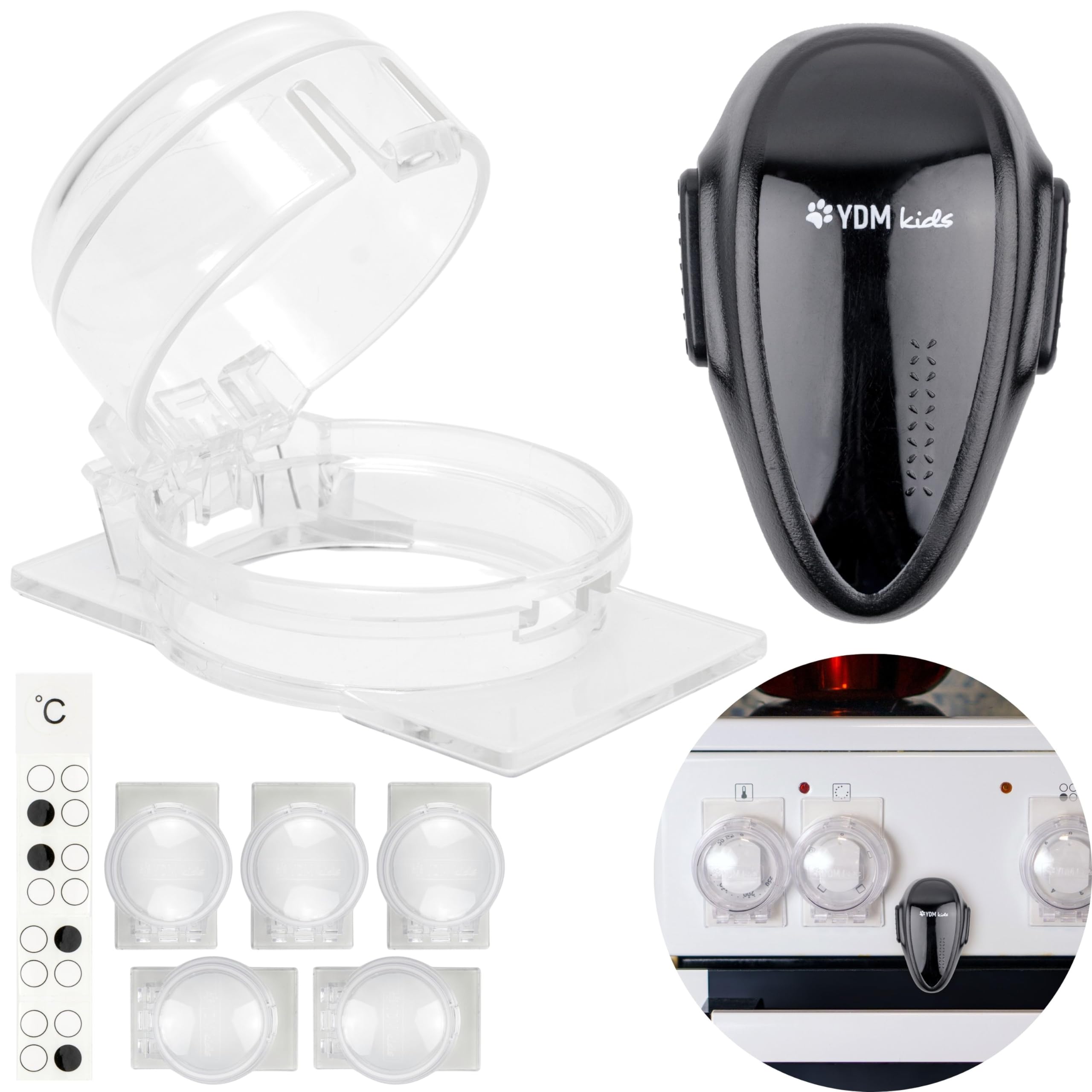 Herd Kindersicherung Set, 6 Pack Knopfabdeckung, 1 Pack Backofentür Kindersicherung in Schwarz, für max. Ø 4,9 cm und 4 cm hohe Herdknöpfe mit min. 6,1 cm Abstand Mitte-Mitte, Herdschutz Tür Knopf