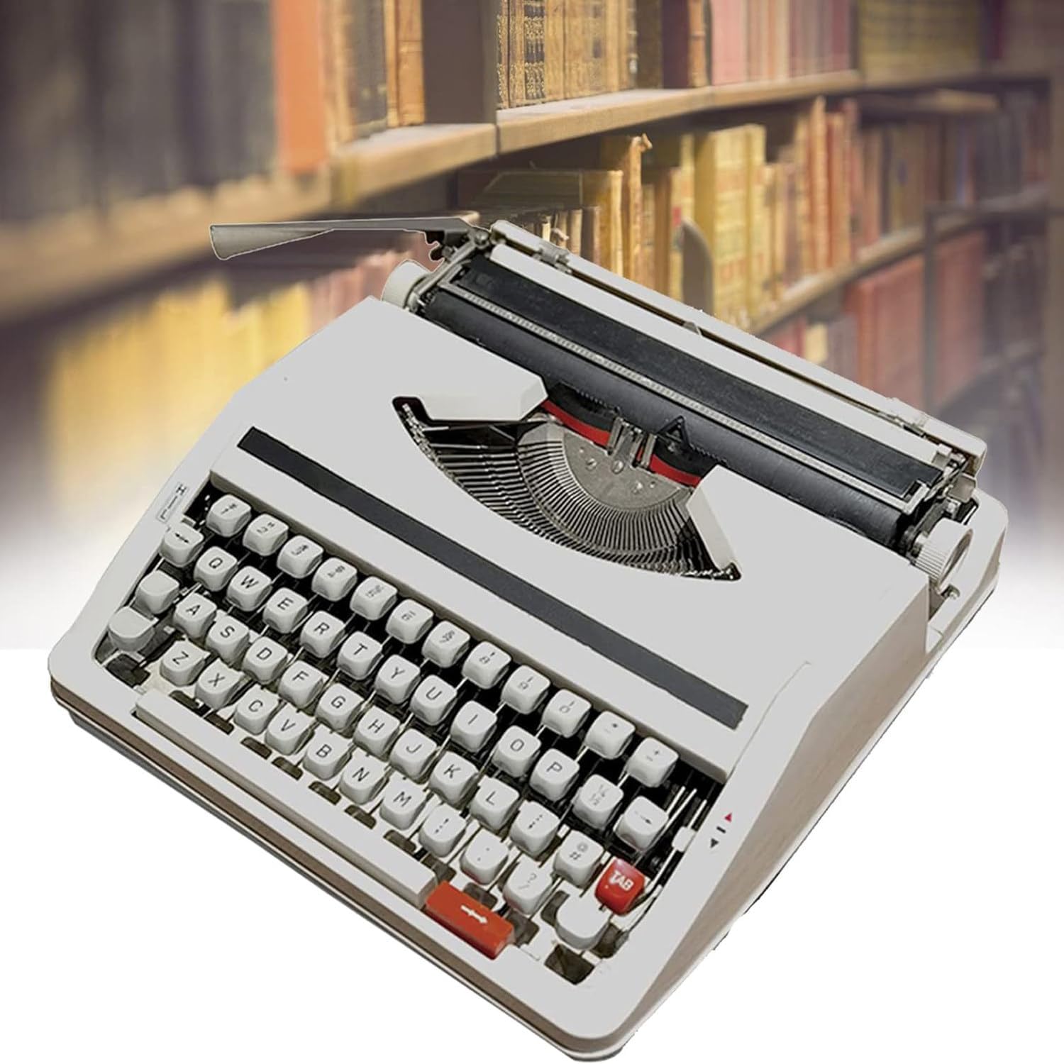 レトロな手動タイプライター、伝統的なポータブル手動タイプライター、ヴィンテージタイプライター、赤黒キーボードの英語付きレトロな手動タ