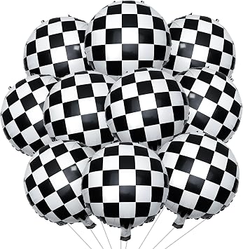 10 Pieces Checkered balloons Racing Car Balloons 18 Inch Black and White Mylar Foil Balloon for Checkered Themed Party Decoration Supplies