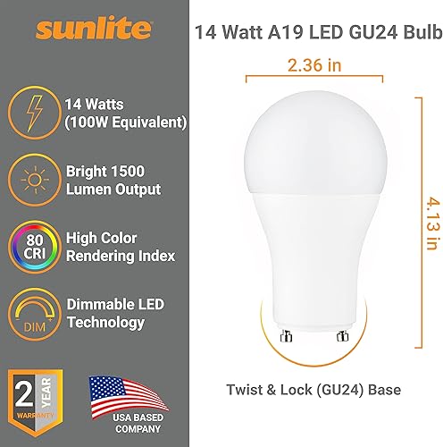 Miniatura 2 de Sunlite Bombilla regulable A19 GU24, 14 vatios (equivalente a 100 W) 1500 lúmenes, base LED de giro y bloqueo de 2 puntas, certificación UL,