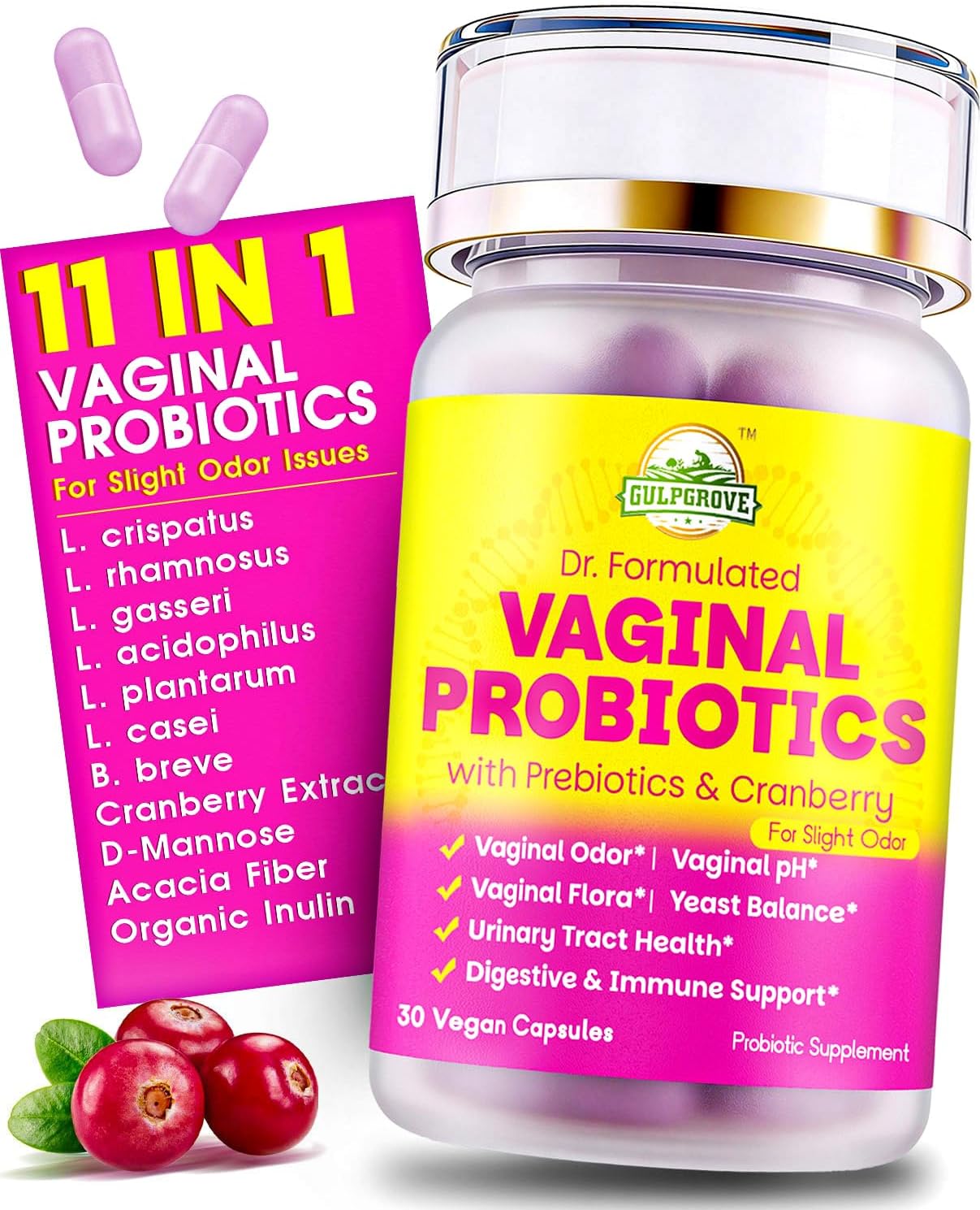 GulpGrove Vaginal Probiotics for Women with Prebiotics & Cranberry - Dr. Formulated Feminine pH Balance Daily Supplement, Supports Vaginal Odor Control & Urinary Tract Health, 30 Servings