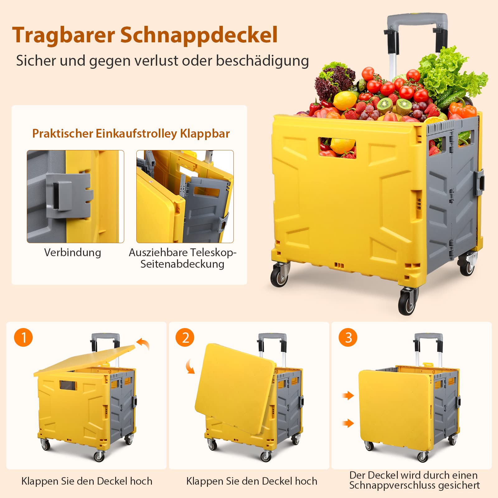 Einkaufstrolley Klappbar, Transport Trolley, bis 50 kg, 50 l Kiste, Einkaufskorb mit Deckel, Ausziehbarer Alu Ausziehgriff, 4 um 360° Drehbare Metallrad, 103 x 43 x 38 cm (Gelb Grau)