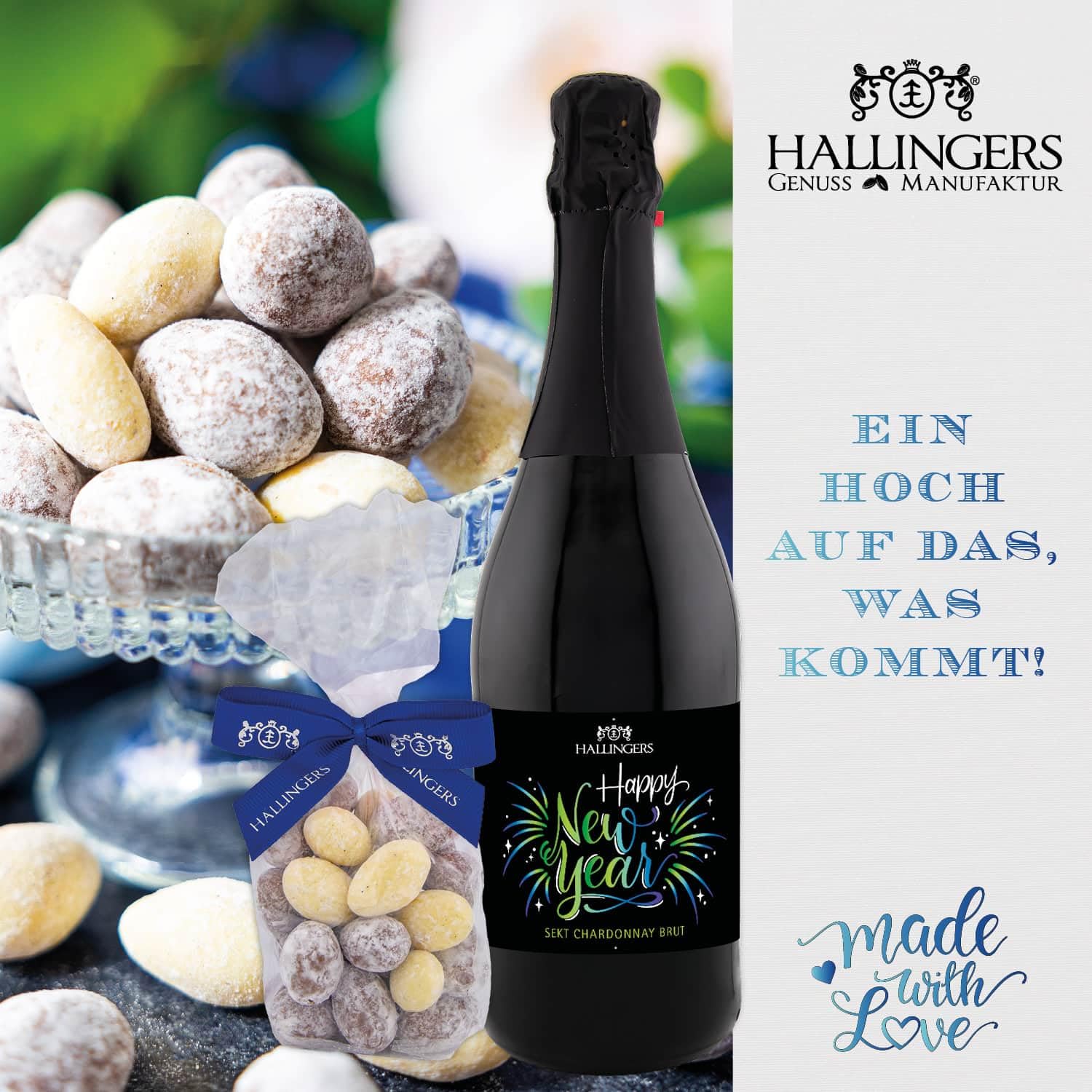 Hallingers Genuss Manufaktur Feinkost Weihnachts-Geschenk-Set - XXL-Geschenkkorb "Happy New Year" große Selektion Sekt, Konfitüre, Duftkerze, Nougat, Schoki, Pralinen & mehr, Weihnachten für Frauen