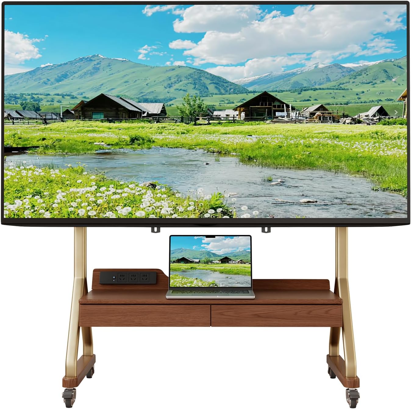 TV Cart Rolling TV Stand with Wheels for Most 40-75" TVs up to 300lbs Height Adjustable, Tilting, Tall Heavy Duty TV Stand with 2 Drawers Power Strip, for Living Room