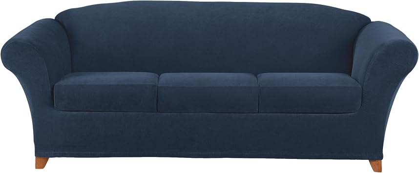 SureFit Stretch Pique Sofa Slipcovers, Three Piece Sofa Cover Includes Slipcover and Two Cushion Covers for a Secure Fit, Machine Washable Geometric Patterned Cushion and Sofa Covers, Navy
