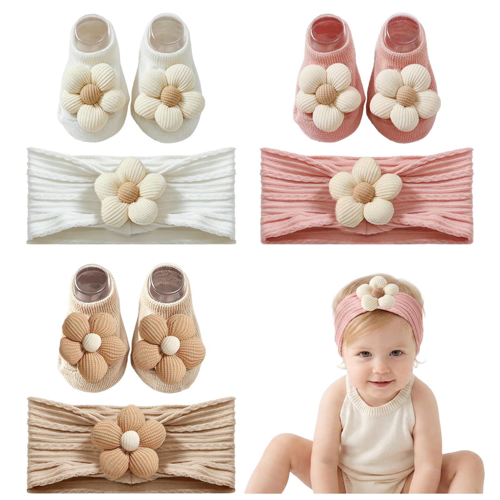 KAKALATLJ 3 Pack Baby Hair Bands Toddler Socks Set, Soft Non Slip Newborn Socks Flower Newborn Hair Bands for Girls, Bows Toddler Hair Accessories Baby Socks with Stretchy for 0-12 Months
