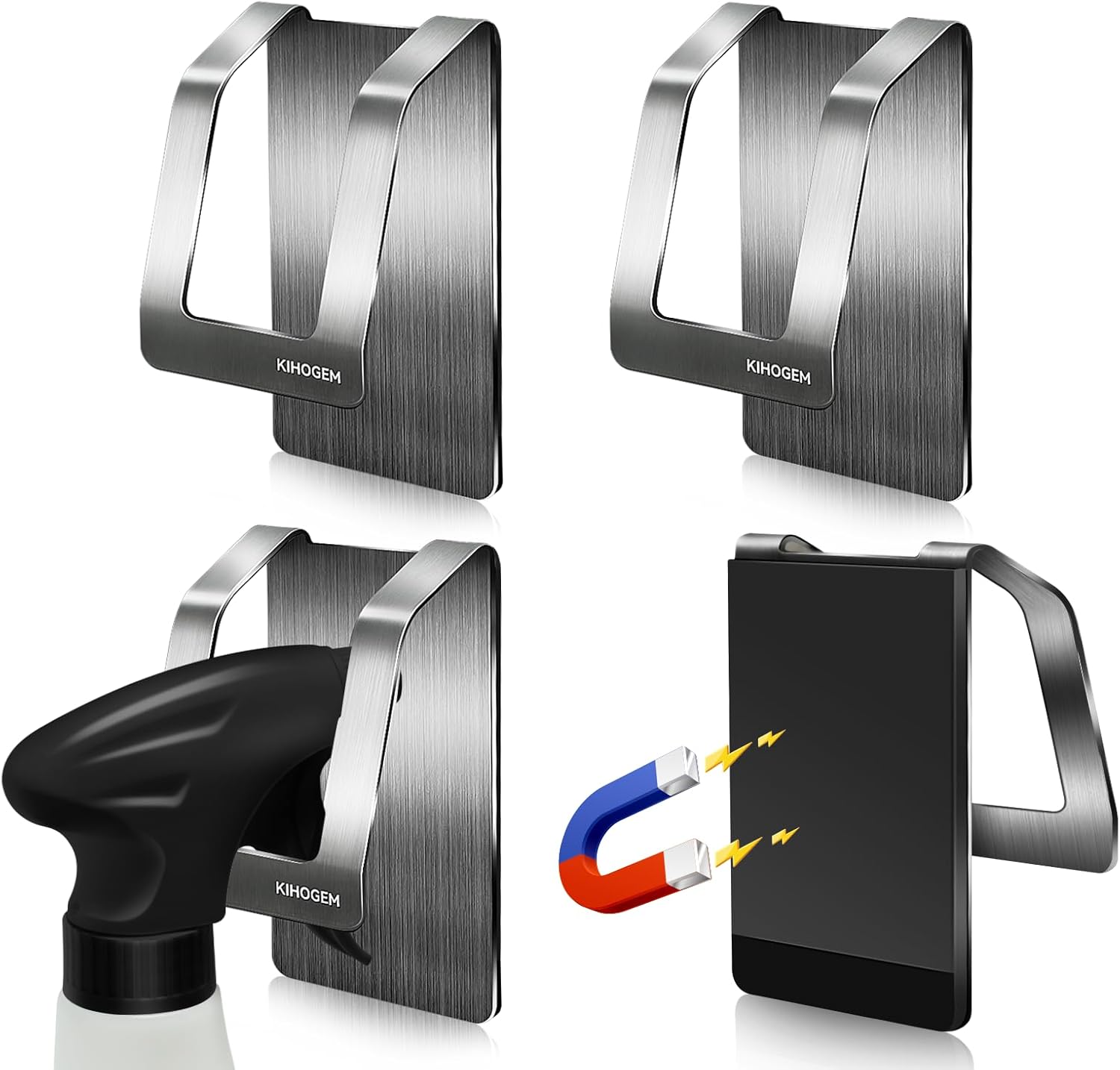 KIHOGEM Magnetic Spray Bottle Hanger, Stainless Steel Spray Bottle Holder with Strong Magnetic Backing for Refrigerator Grill RV (4pcs)