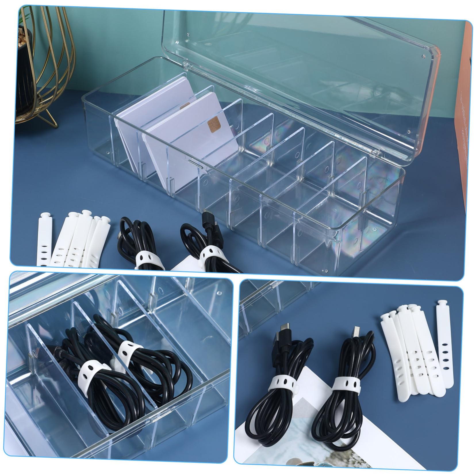 Scatola Organizzatore Cavi Trasparente 2 Pezzi in Plastica | Etichette Incluse, 20 Fascette per Ordinare i Cavi, Uso Versatile per Accessori e Scrivania