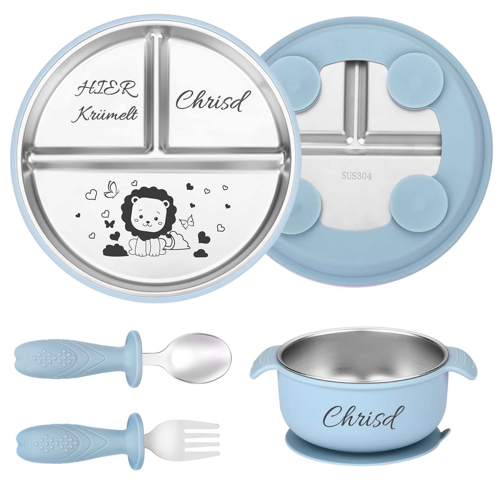 OXYEFEI Personalisierter Babyteller mit Saugnapf, Edelstahl Teller Baby mit Namen Beikost Baby Zubehör Personalisierte Geburtstags und Taufgeschenke (Hellblau)