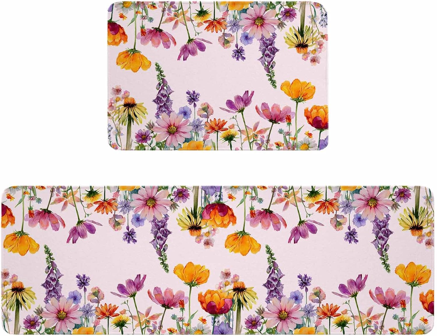 Pink Flowers Kitchen Rugs and Mats Set of 2, Non-Slip Kitchen Sink Mat, Elegant Spring Floral Pastoral Watercolor Washable Doormat Bathroom Rugs Runner for Bedroom/Living Room 19.7"x31.5"+19.7"x63"