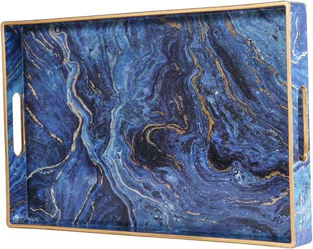 Simmer Stone Decorative Tray, Marbling Plastic Tray with Handles, Rectangular Vanity Tray and Serving Tray for Bathroom, Kitchen, Ottoman and Coffee table, 15.6 x 10.2, Blue