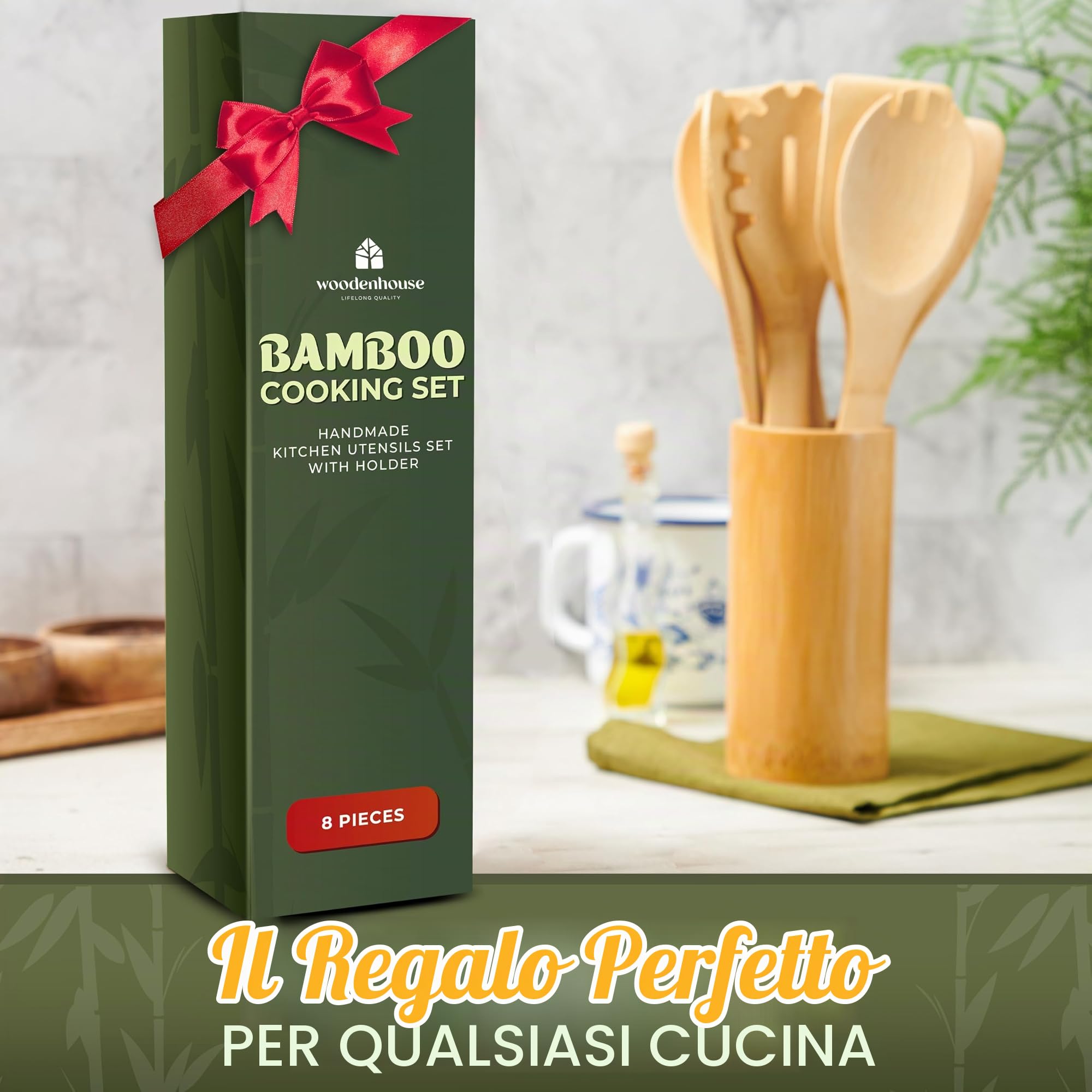 Set di 7 cucchiai da cucina in legno con supporto in 100% bambù