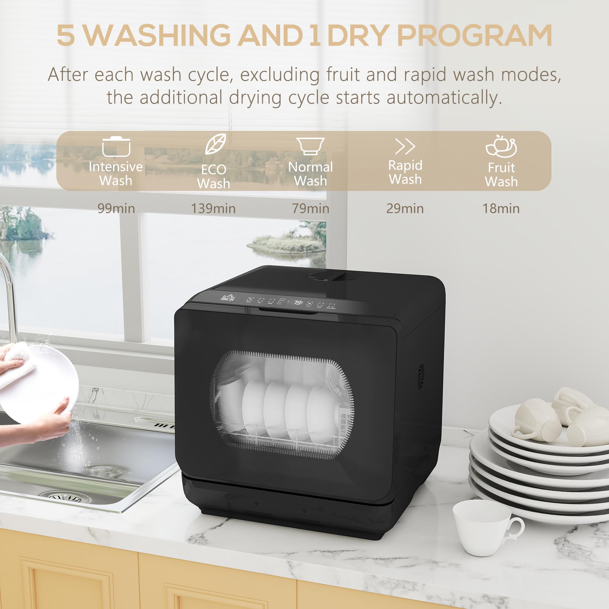 HOMCOM Table Top Dishwasher, Mini Countertop Dishwasher No Plumbing with Built-in 6L Water Tank, 6 Programs, Touch Control, LED Display, 4 Place Settings, Dual Water Supply and Fruit Wash, Black — view 4