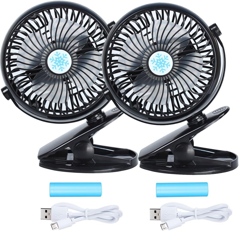 2 USB Clip Desk Personal Fan - Battery Operated with Rechargeable 2800mAh Battery & USB Cable 360°Rotation,Adjustable Speed.Cooling Portable Mini Fan for Baby Stroller,Office,Gym,Travel