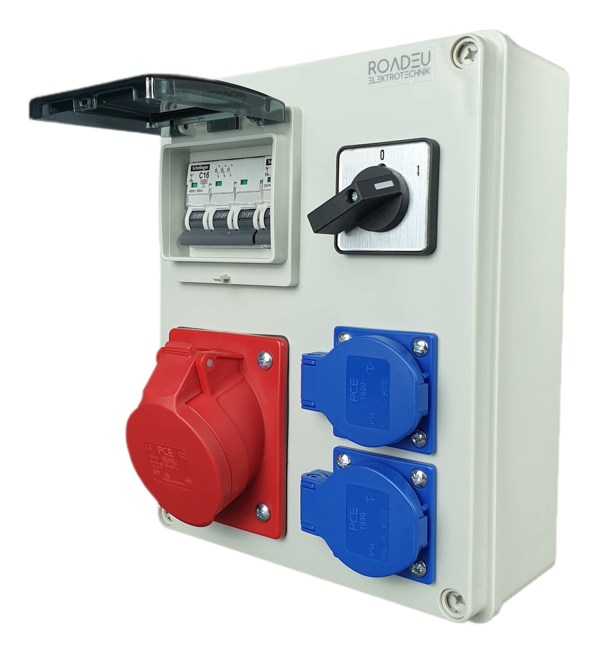 RoadEu Stromverteiler 16A 5P, 2x Schuko Steckdosen mit Hauptschalter 0-1. CEE Verteiler mit Sicherungsautomat C 16A 3P, C 16A 1P. Baustromverteiler 16A. Stromverteiler Aussen Wasserdicht IP44