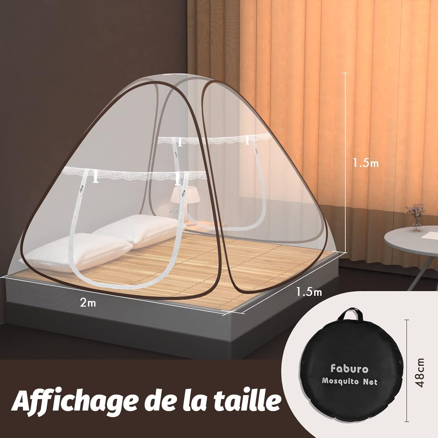 Faburo Moustiquaire de Lit Pliable 1,5m x 2m x 1,5m, Dôme Portable avec Double Fermeture Éclair, Tente Anti-Moustiques pour Camping et Voyage
