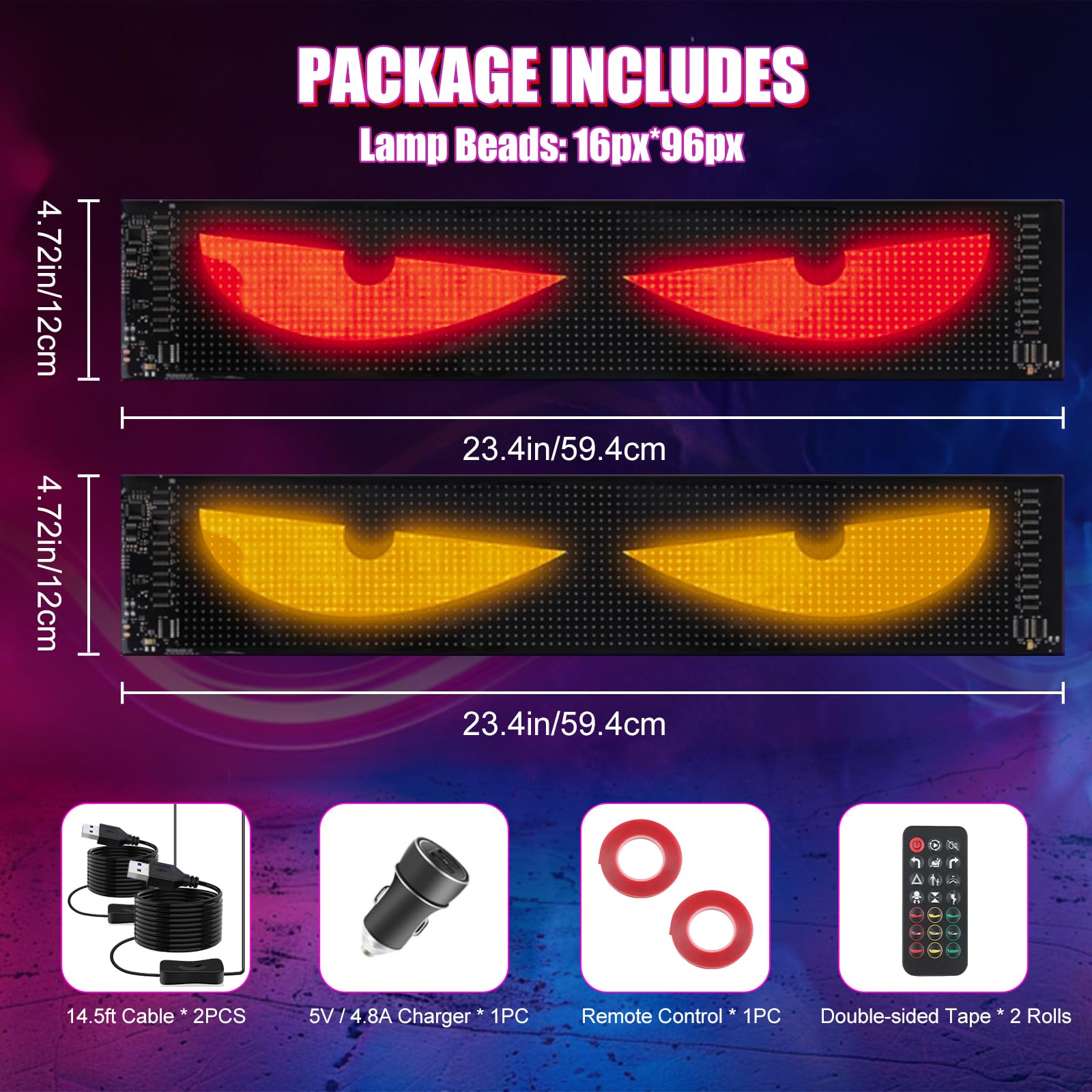 Ojos LED para Carro, 50 x 12 cm, USB, elastyczne, programowalne, wodoszczelne, zdalne sterowanie, sterowanie za pomocą aplikacji, tabliczka LED do samochodów i ciężarowych