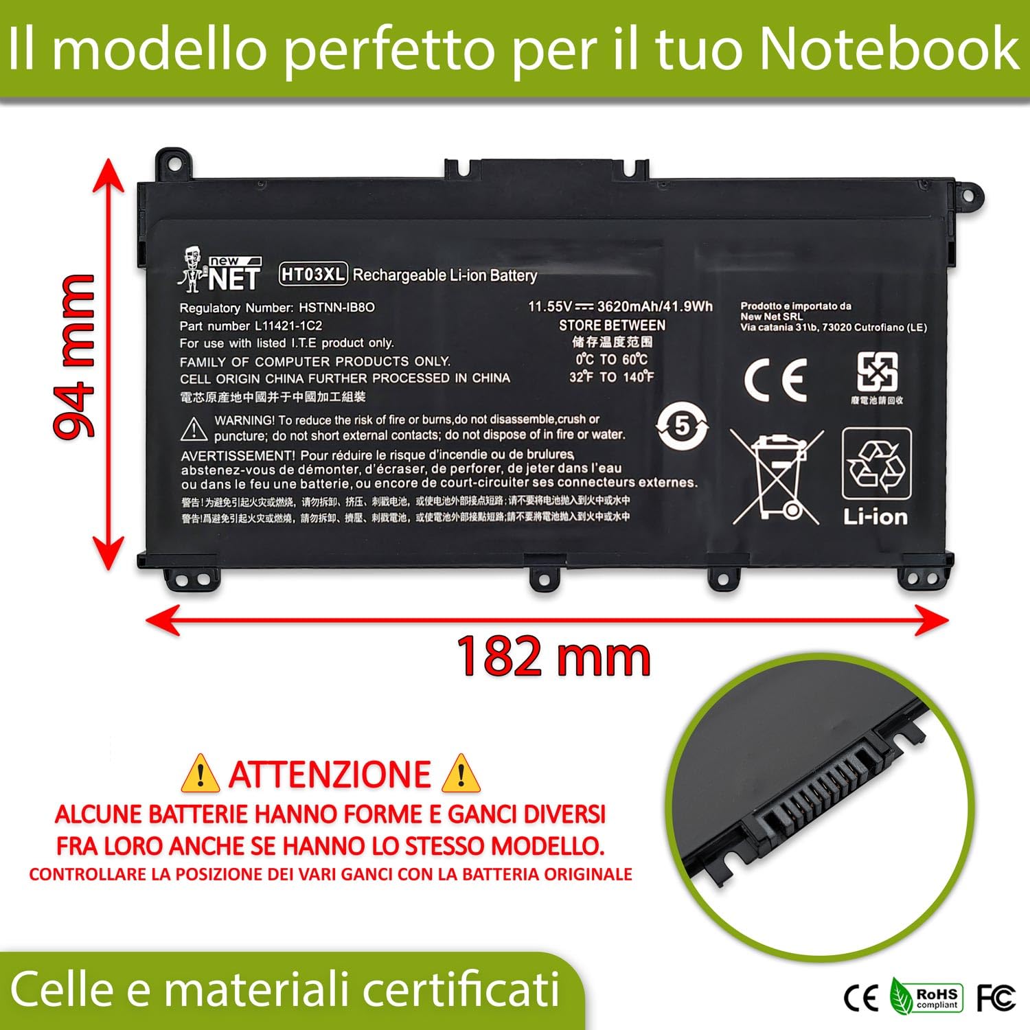 New Net Batteria HT03XL compatibile con Hp Pavilion 14-CD 14-CE 14-CF 14-CK 14-CM 14-DH 15-CS 15-CW 15-DA 15-DW, HP 240 245 250 255 G7 ricambio notebook [11,4V 3620mAh REALI - CELLE NUOVE]