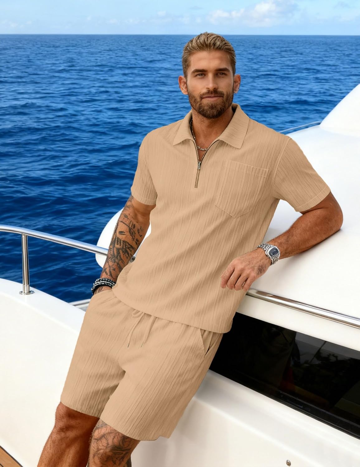 Bealin Men's Summer Beach Outfits 2 Piece Vintage Short Sleeve Henley Shirts and Shorts Vacation Texture Sets - Image 5