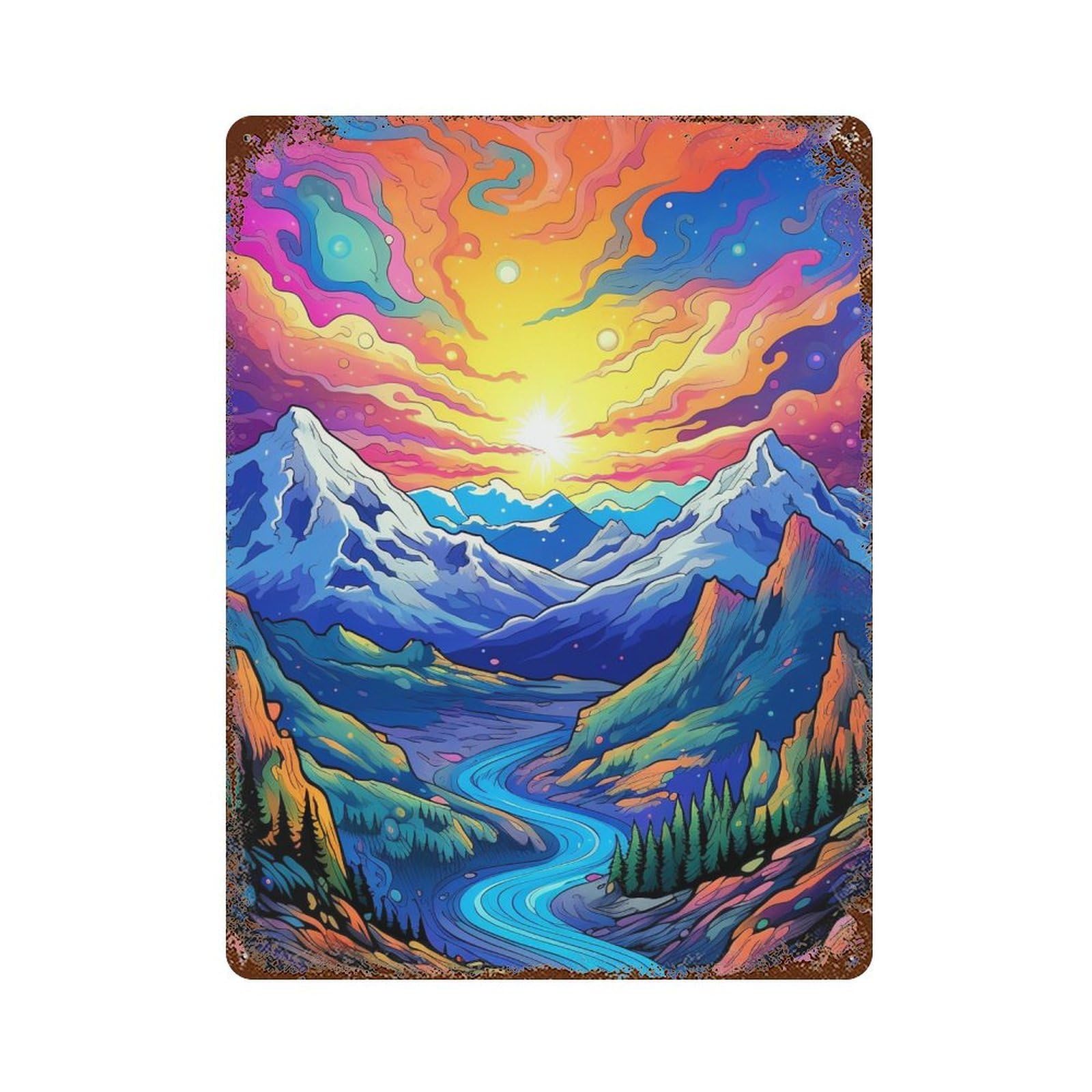 Colorful Mountain Sunset Landscape-3 15.7"x11.8" Rustic Tin Plaque, Novelty Wall Decor for Bistro, Counter And Cafe Decor