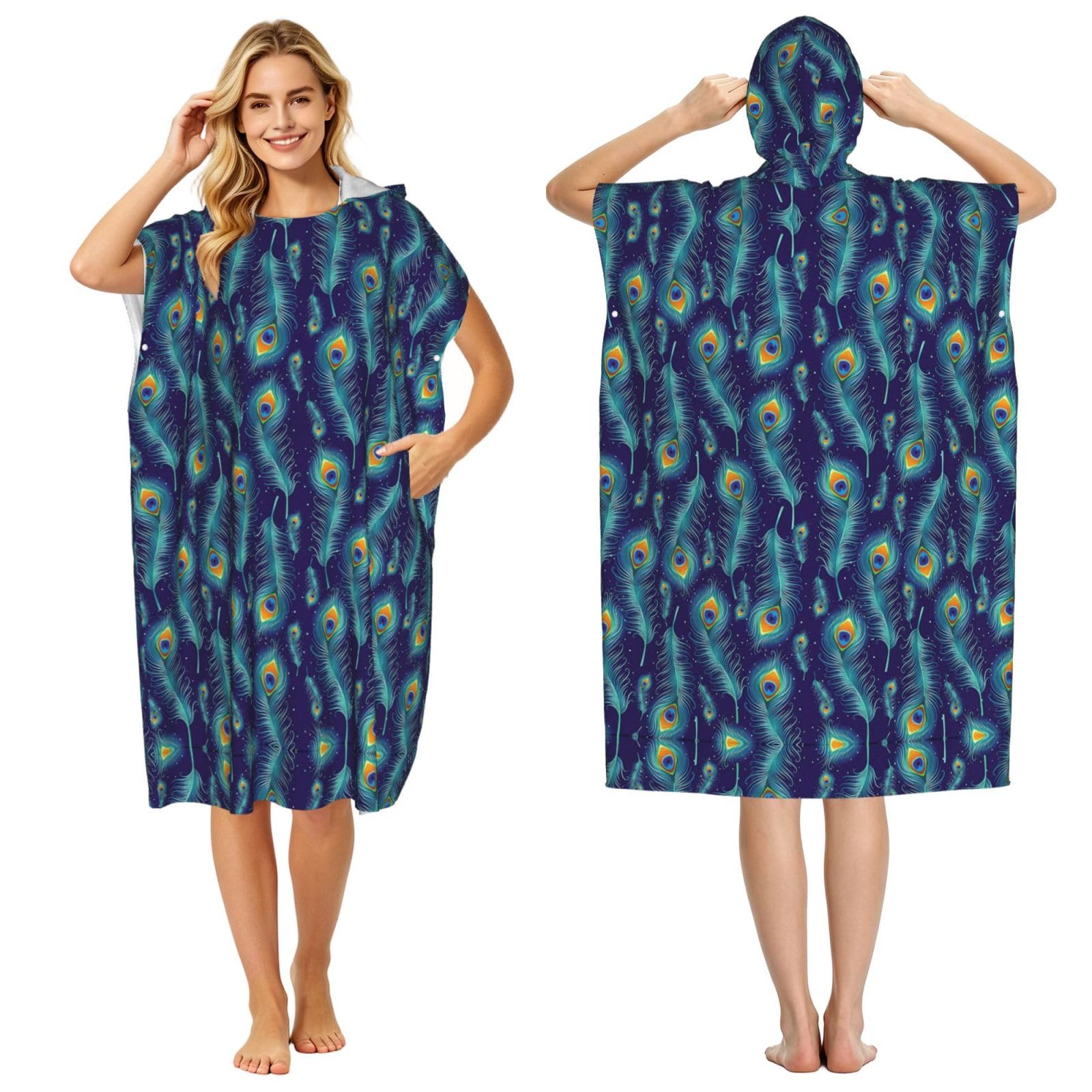 ESNAIUVCD Peacock Birds Feathers Print Changing Robe, Hooded Towel Poncho For Swimming Pool, Beach,Quick Dry & Light Weight Towelling Poncho For Adults Women Men