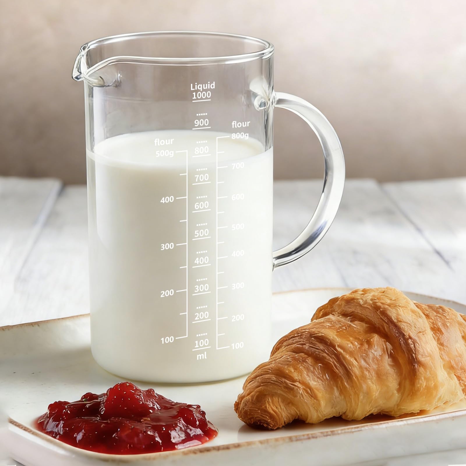 Jarra Medidora de Vidrio, 1000ml, Diámetro 9.5cm x H 17.5cm, Con Asa Incluida, Vaso Batidora Cristal, Vaso de Vidrio Resistente al Calor, Apto para Lavavajillas, para Cocina, Laboratorio