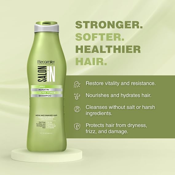 Salon In by Recamier | Keratin Ultra Force Set - Keratin Shampoo, Conditioner (10.1 fl oz each) & Hair Serum (2.87 fl oz) | Shampoo & Conditioner Set for Hair Repair, Strength and Shine
