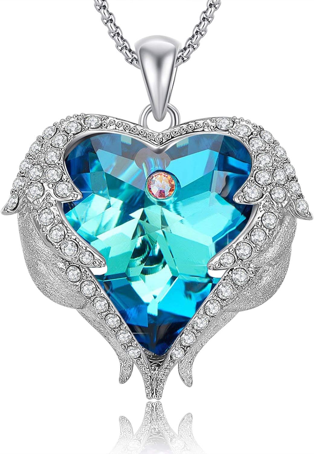 Angel Wings Heart Shaped Swarovski Crystal Pendant Necklace, Romantic Gifts for Her Blue