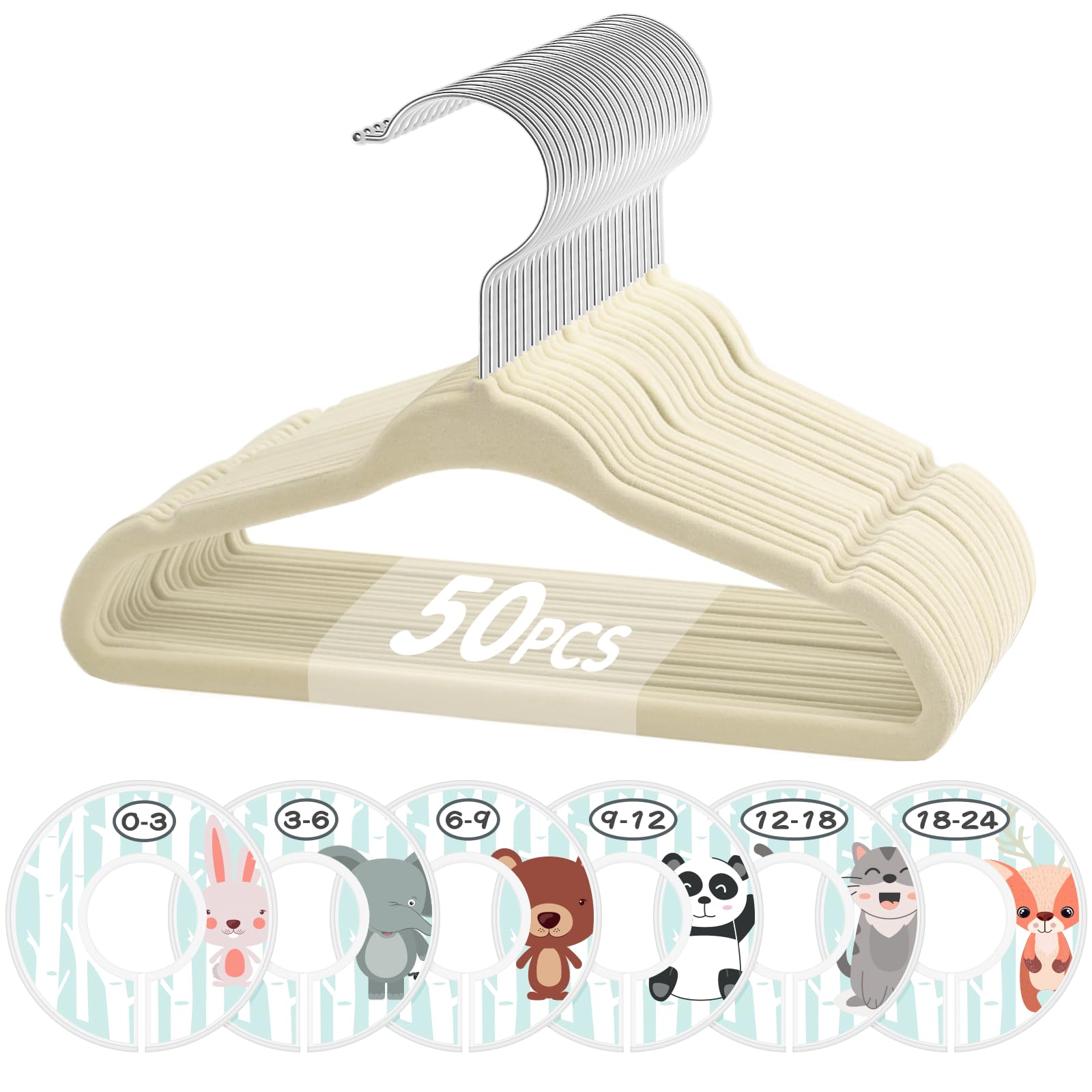 VIS'V Samt-Baby-Kleiderbügel mit 6 Trennwänden, 27,9 cm, Beige, 50 Stück