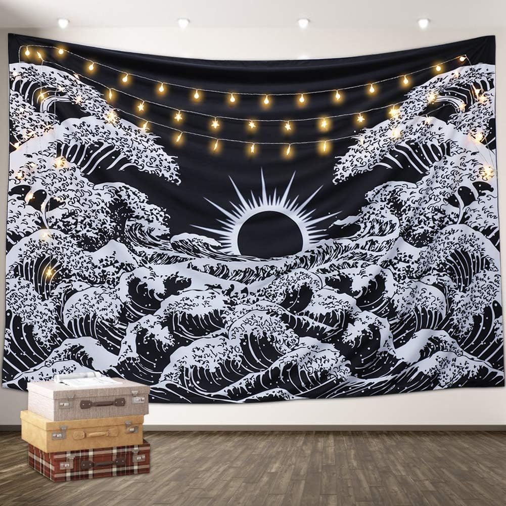 A AMEBAY Black and White Tapestry, Great Wave Sun Tapestry Wall Hanging,Mountain Tapestry for Bedroom Dorm Decor (200*150CM)