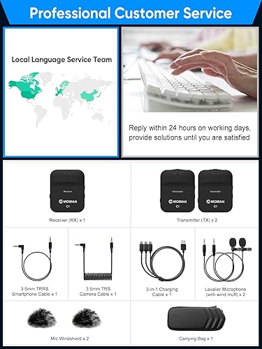 Miniatura 7 de Moman C1X - Micrófono de solapa inalámbrico, sistema de micrófono inalámbrico compacto de solapa de 2.4 GHz con cancelación de ruido, transmisión de