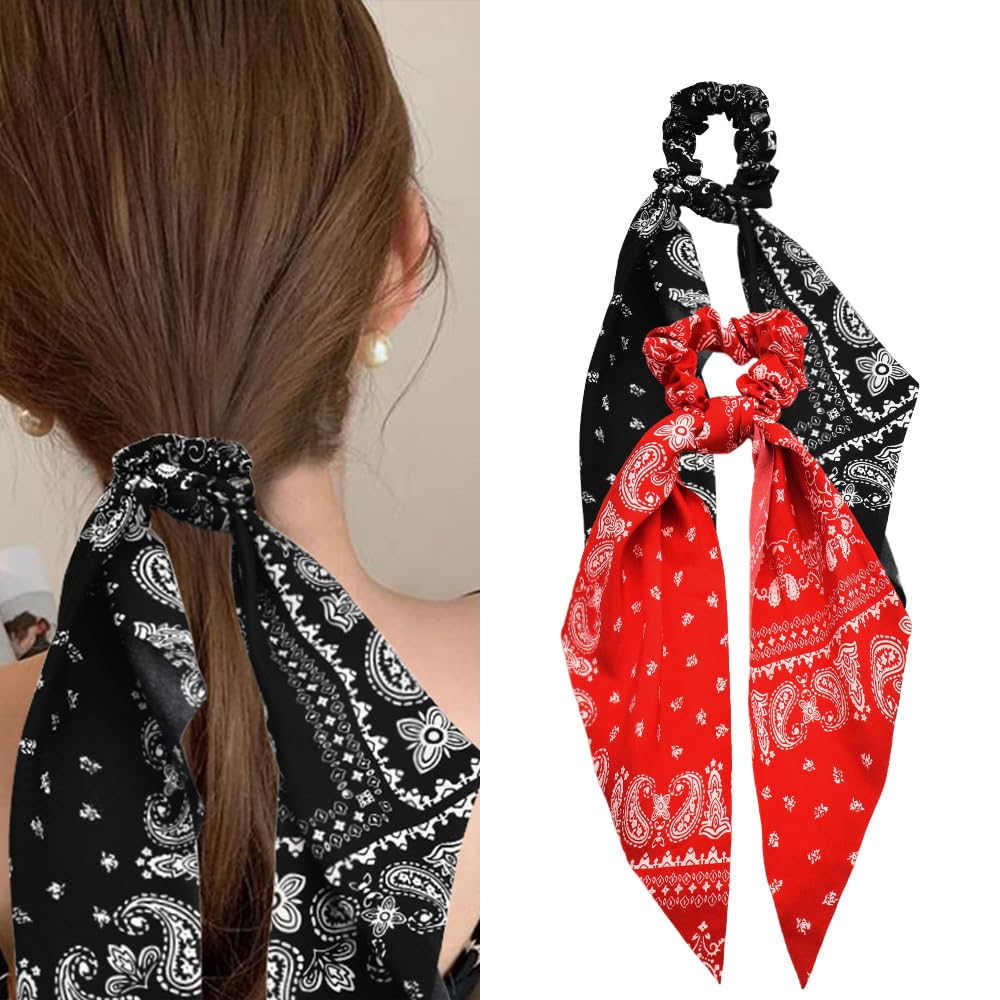 Red Bandana Hair Scrunchies for Women Black Paisley Print Hair Bow Ribbons for Ponytail Holders Hair Accessories for Girls Elastic Hair Ties with Ribbon Hair Scrunchy Bandanas Bowknot Hair Ropes 2PCS